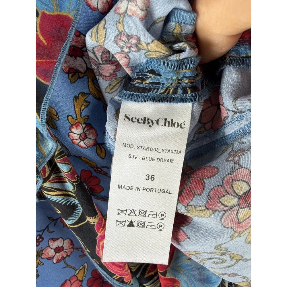 See‎ By Chloe Blue Dream Floral Silk Ruffle Kaftan Dress  Size 36